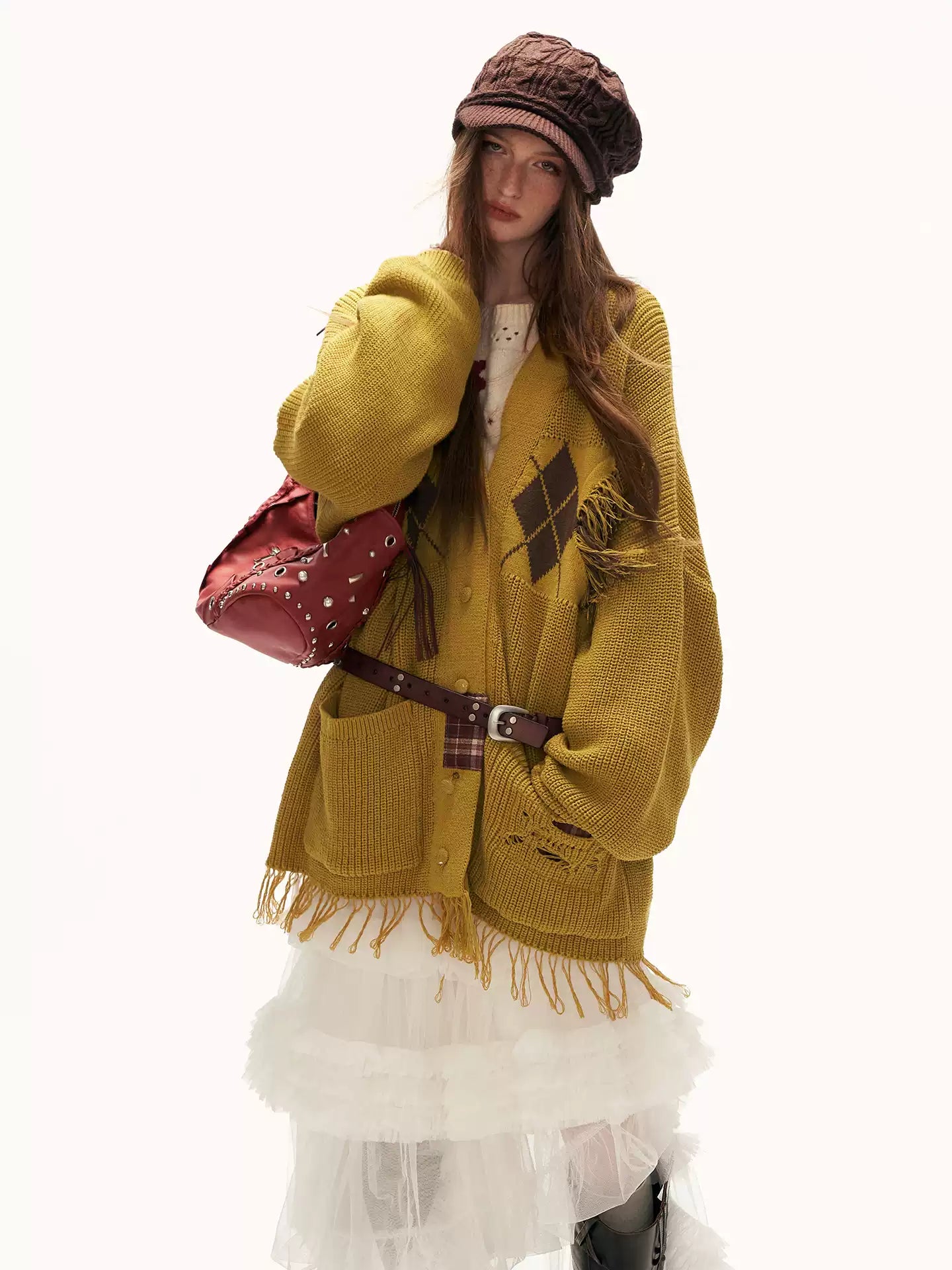 MAMC - Fringe-Appliqué Loose Knit Cardigan – Yellow WE811