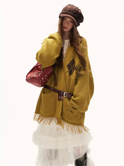 MAMC - Fringe-Appliqué Loose Knit Cardigan – Yellow WE811