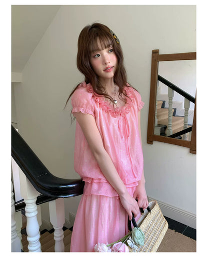 [RF] “Peach Picnic Reverie” Pink Plaid Two-Piece Skirt Set