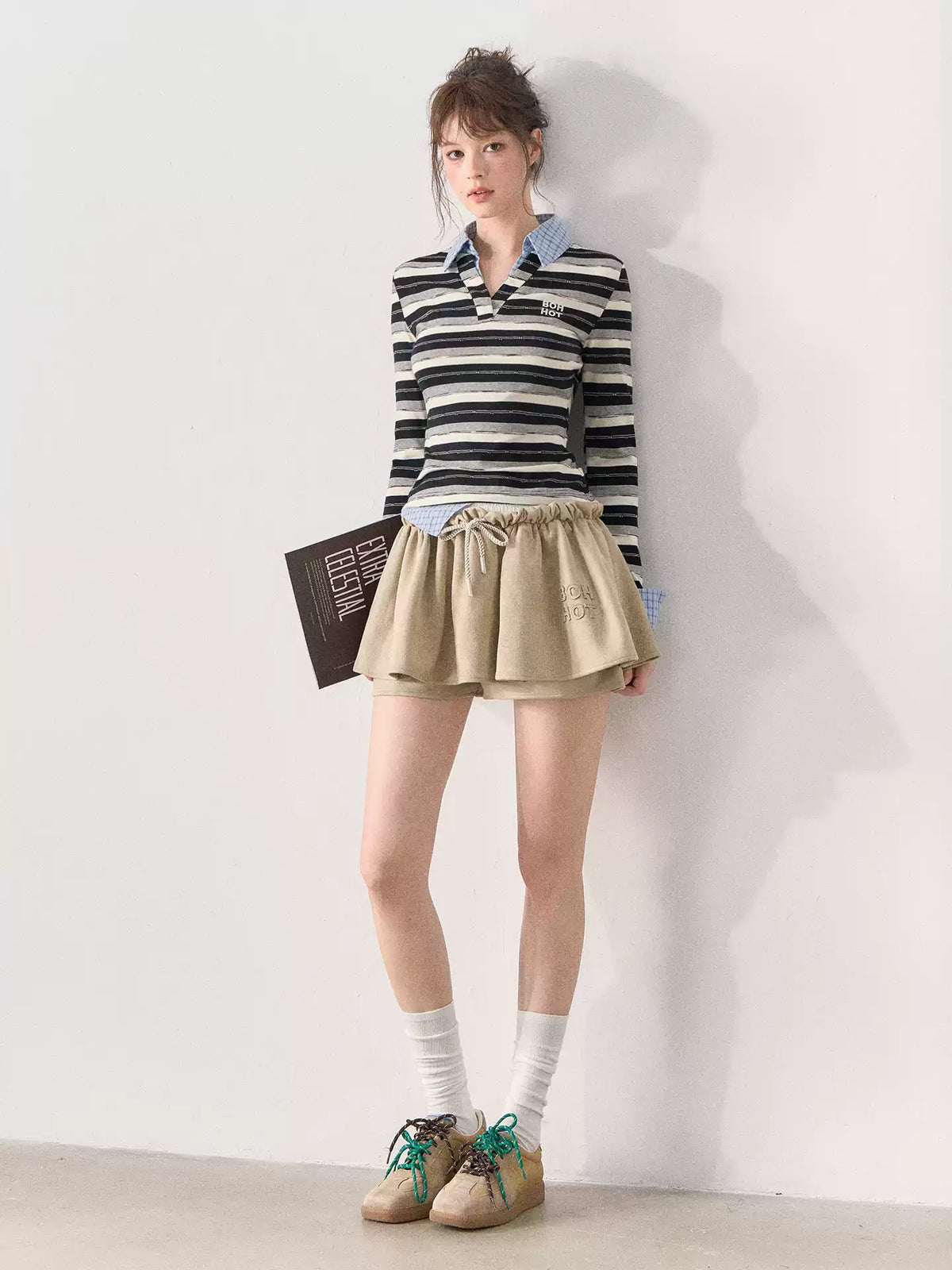 [TMMG] Miu-Inspired Striped Faux Two-Piece Long-Sleeve Polo Top