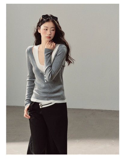 AOMALM - Korean U-Neck Faux Layered Knit Top