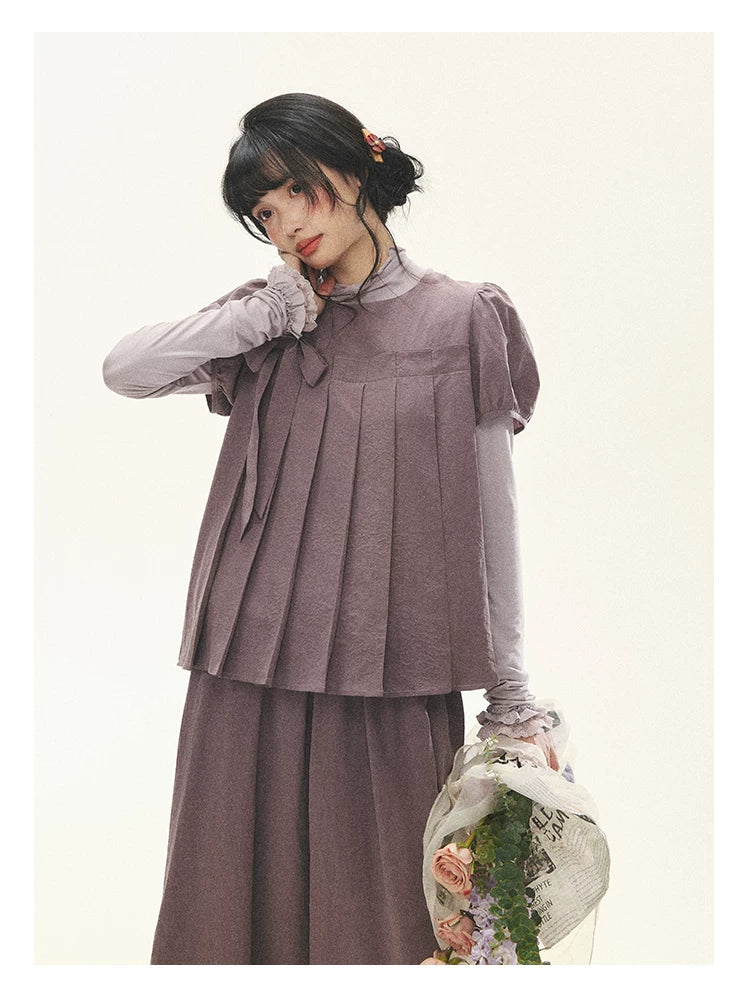 "Whispers Between Pleats" Gray Grape Purple Pleated Top & Maxi Skirt Set