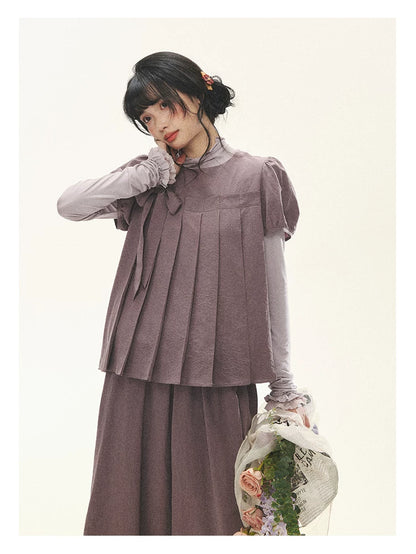 "Whispers Between Pleats" Gray Grape Purple Pleated Top & Maxi Skirt Set