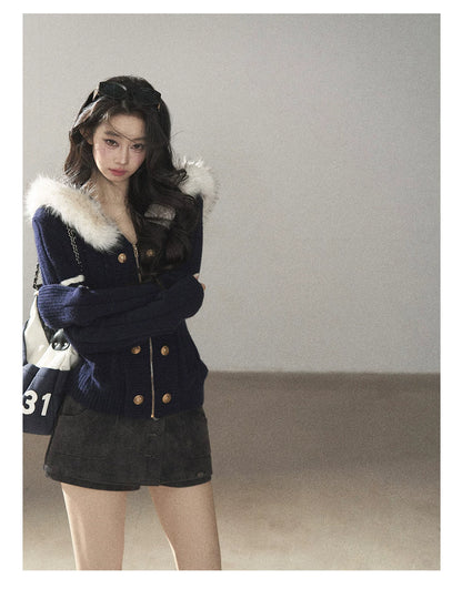 AOMALM - Blue Hooded Cable-Knit Sweater Jacket with White Stripes
