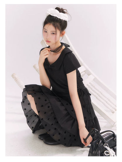 “Midnight Sweetheart” Black Korean-Style Bow Polka Dot Tiered Dress