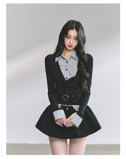 AOMALM - "Top of the Class" Navy & Black-Gray Striped Layered Long Sleeve Top (Navy / Black-Gray)