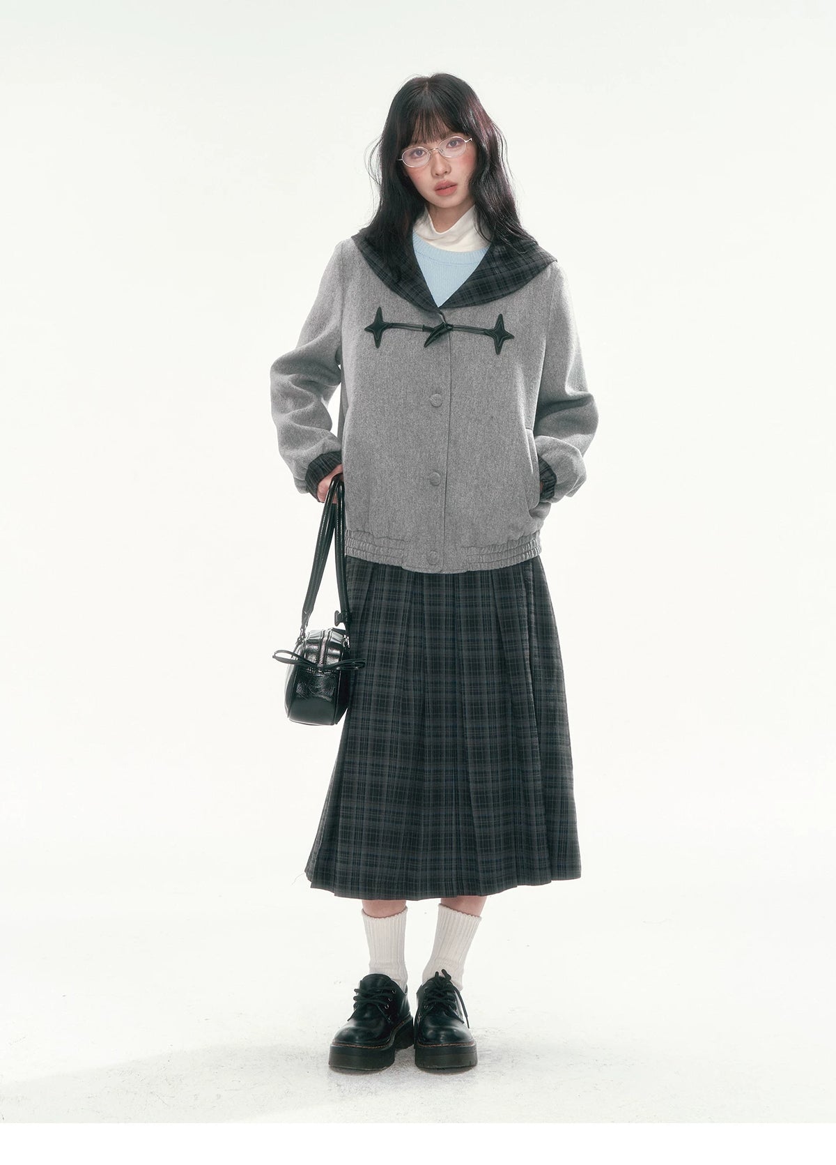 [CAN] Navy Plaid Pleated A-Line Midi Skirt