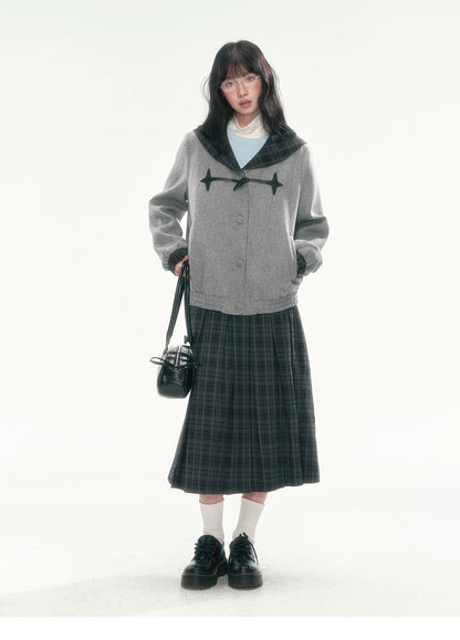 [CAN] Navy Plaid Pleated A-Line Midi Skirt