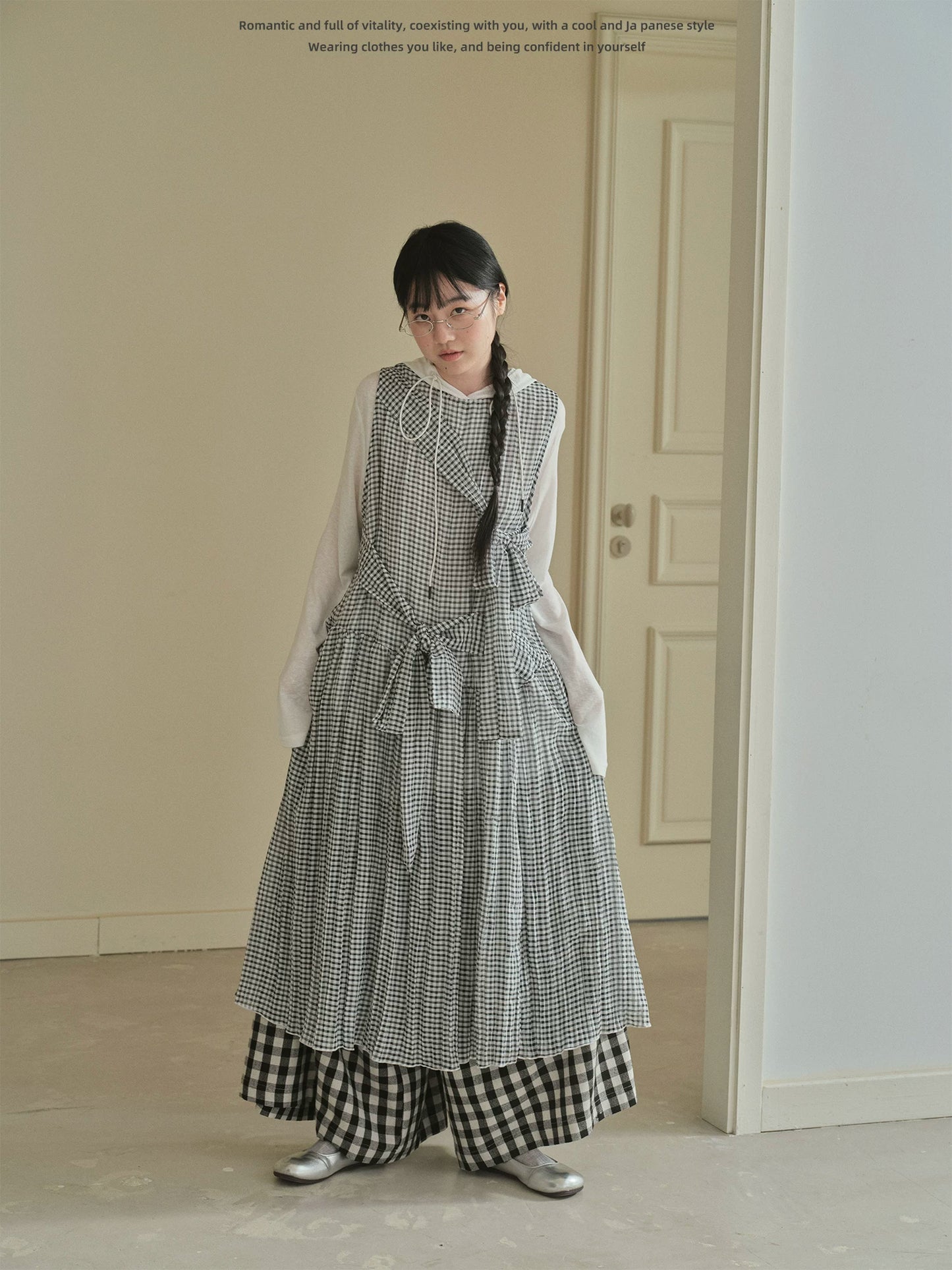 "Heritage Ribbon" Black & White Plaid Plaid Bow Maxi Dress