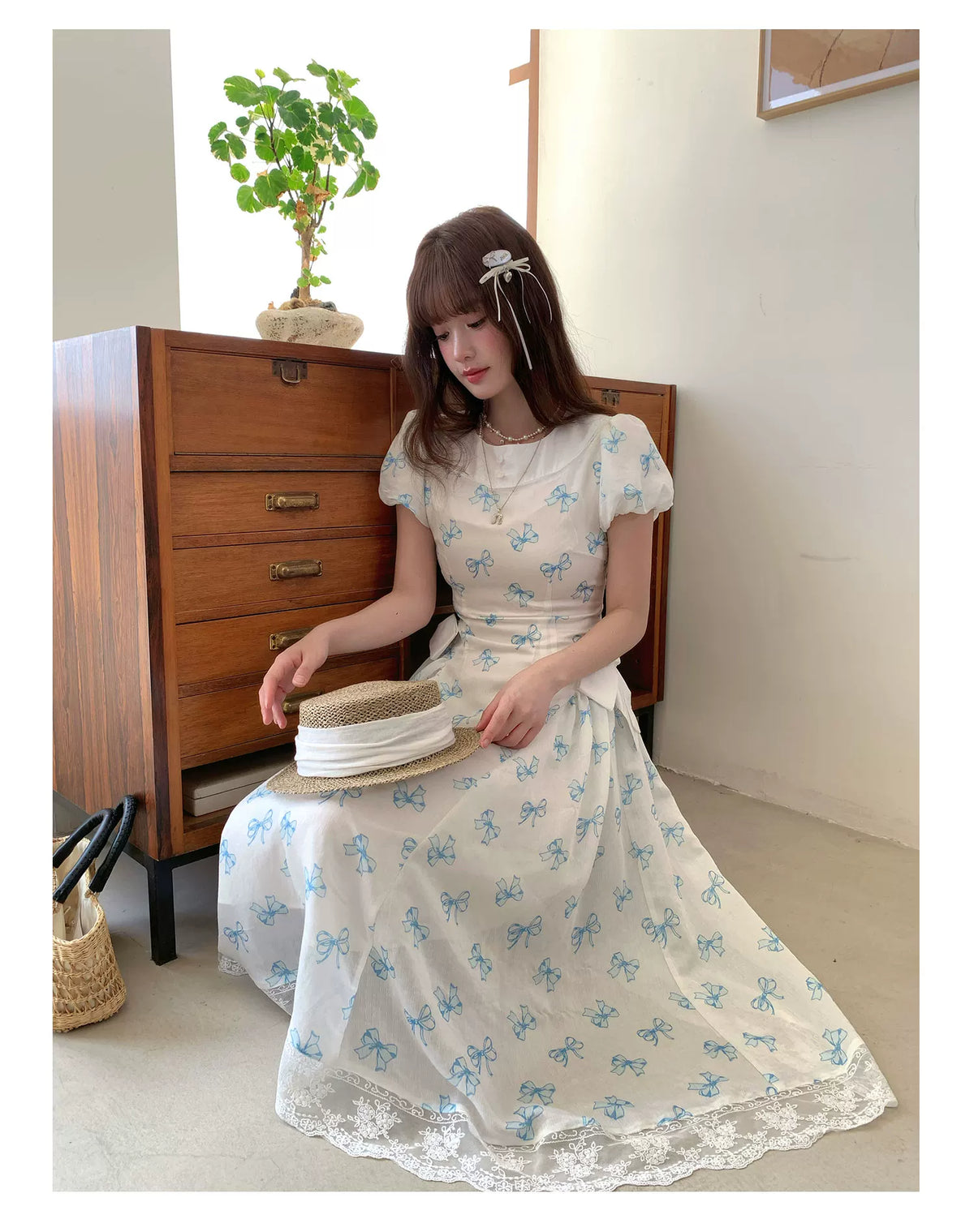 [RF] “Blue Butterfly Letter” Light Blue Floral Bow Midi Dress