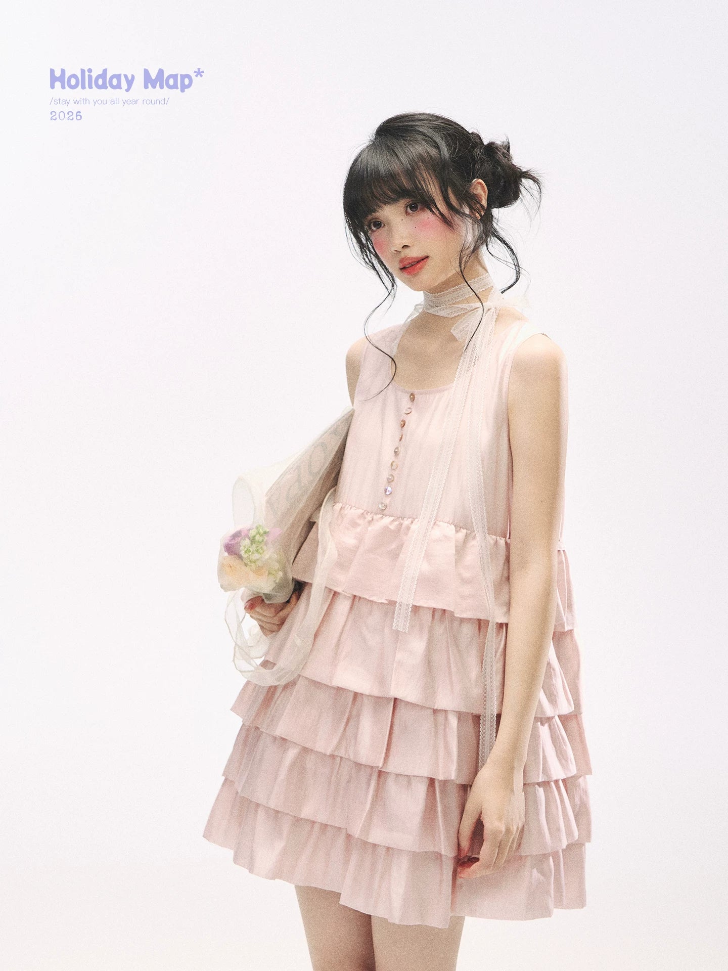 "Misty Pink Reverie" Petal Pink Lace Tie Tiered Sleeveless Dress