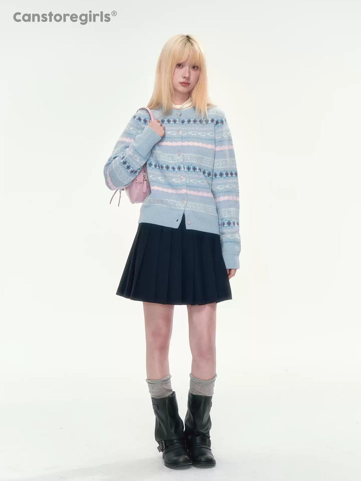 [CAN] Blue Fair Isle Cropped Wool Cardigan (100% Sheep Wool)