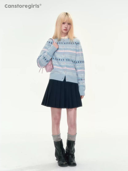 [CAN] Blue Fair Isle Cropped Wool Cardigan (100% Sheep Wool)