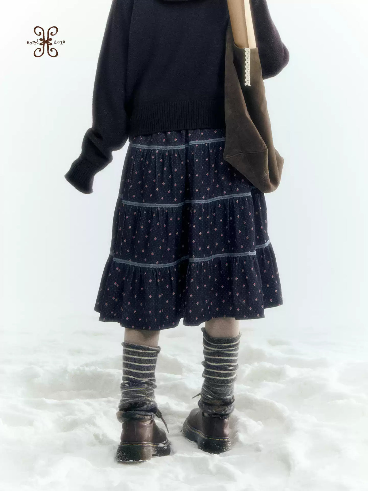 Horridale - Navy Blue Floral Lace Patchwork Tiered A-Line Midi Skirt
