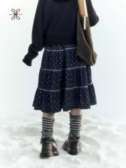 Horridale - Navy Blue Floral Lace Patchwork Tiered A-Line Midi Skirt