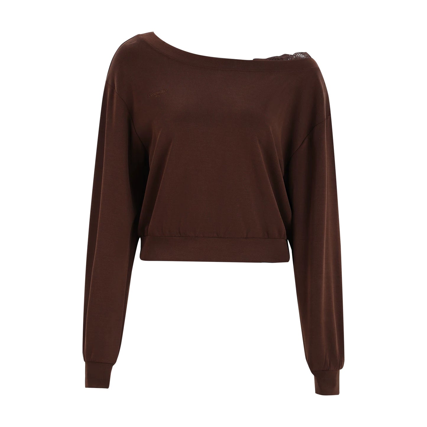 "Mocha Muse" Brown Lace Panel One-Shoulder Sweatshirt