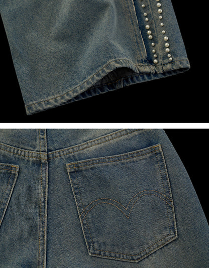 "Vintage Luxe Mood" Studded Distressed Straight-Leg Jeans WE1001
