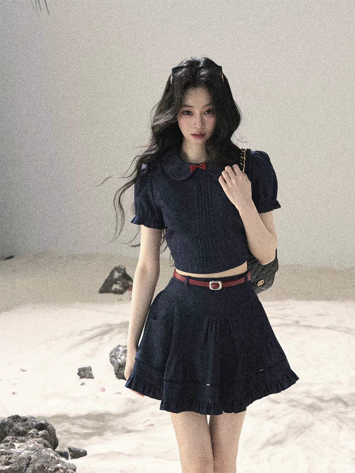 "Seaside Breeze" Navy Blue Denim Pleated Top & Mini Skirt Two-Piece Set