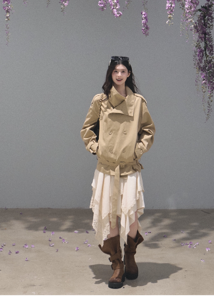 OAKMOO/ Belted Double-Breasted Trench Jacket (Deep Black / Hazel Khaki)