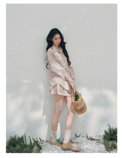 少也眼 "Pink Cloud Reverie" Cinnamon Pink Lace Sweet Two-Piece Skirt Set 563856385