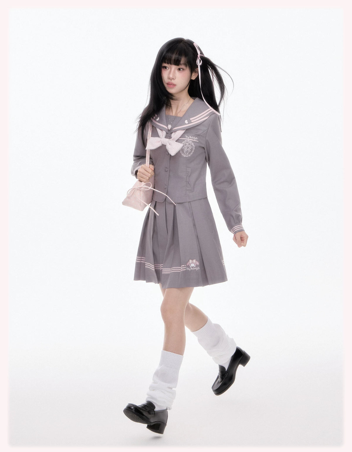 “Melody Blush” Pink-Gray Sailor School Uniform Set