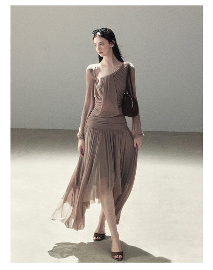 170726 "Waiting for Autumn Rain" Silver Mouse Gray Off-Shoulder Pleated Skirt Set