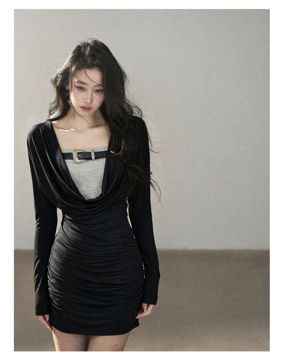 AOMALM - "Misty Shore" Quiet Black Layered Knit Mini Dress