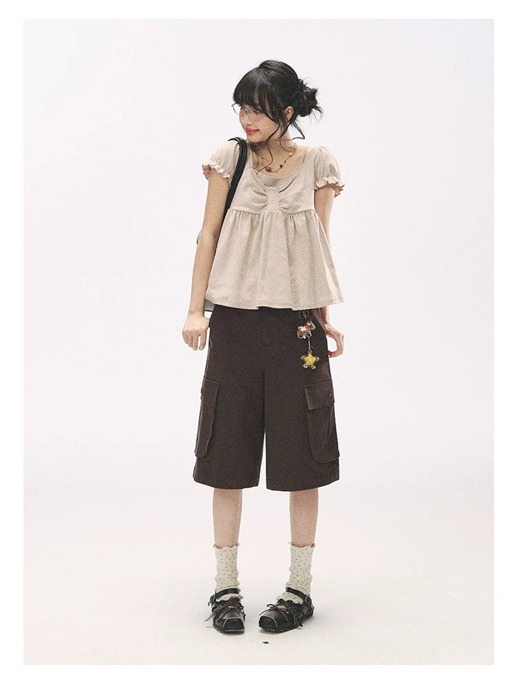 "Sweetheart Crew" Polka Dot Faux Two-Piece Bow Knit Short Sleeve Top
