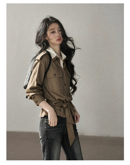 AOMALM - "The Final Chapter of an Old Dream" Roasted Pecan Brown Faux Two-Piece Linen Top with Belt