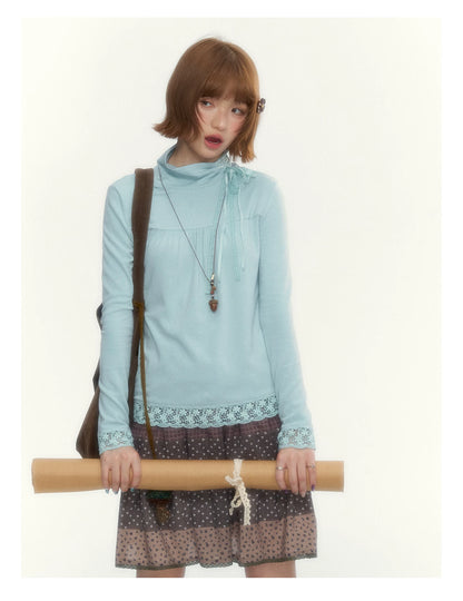 “Mint Milk Pudding” Mint Blue Lace-Trimmed Mock Neck Knit Top
