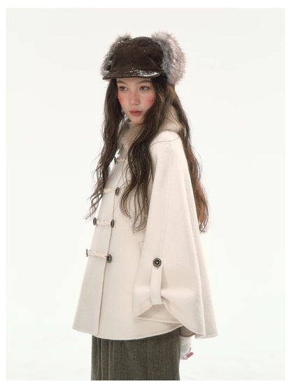 CANSTORE - "Pine Reverie" Ivory Wool-Blend Cape Coat with Faux Fur Collar