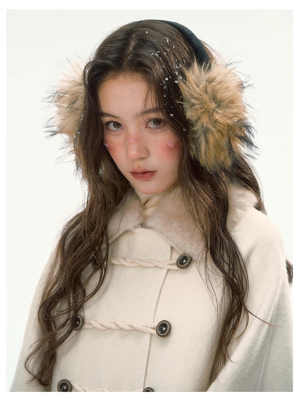 CANSTORE - "Pine Reverie" Ivory Wool-Blend Cape Coat with Faux Fur Collar