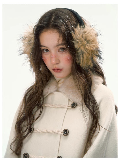 CANSTORE - "Pine Reverie" Ivory Wool-Blend Cape Coat with Faux Fur Collar