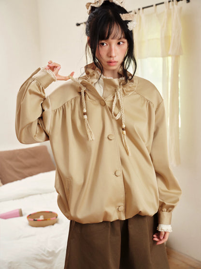 DAILY ARTIST - Champagne Ruffle Stand-Collar Drawstring Jacket