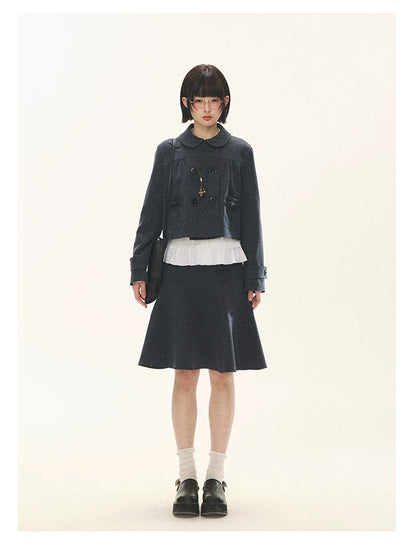 "First Day of Spring" Charcoal Gray Bow Blazer & Asymmetrical Skirt Set