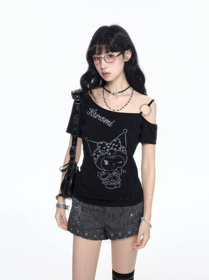170726K "Shadow Rebel" Black Asymmetrical Shoulder Collection (One-Shoulder Tee / Casual Shorts)