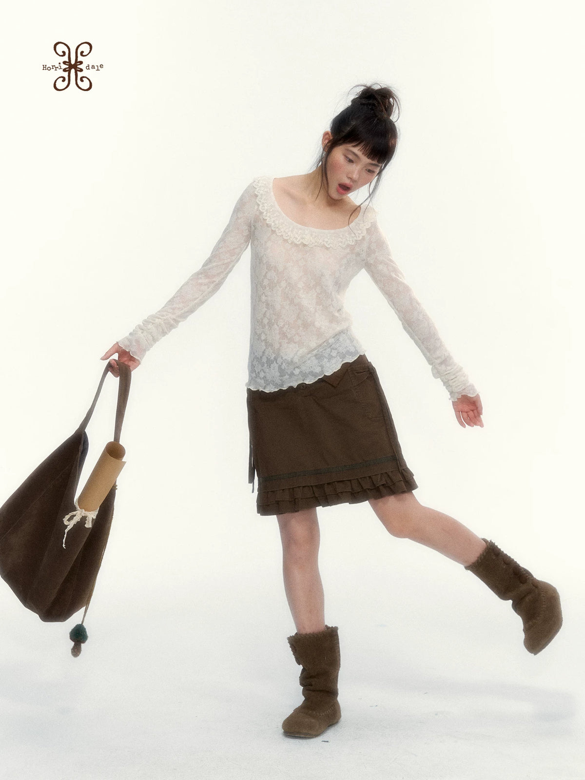 “Wild Caramel” Brown Washed Layered Ruffle Bow Pocket A-Line Skirt