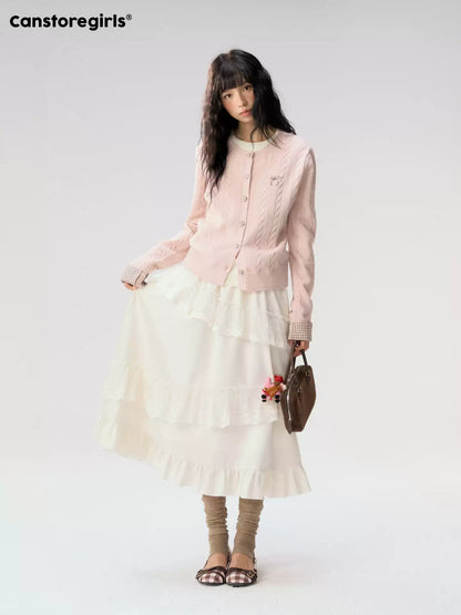 [CAN] "Soft Whisper" Ivory Embroidered Lace Layered Midi Skirt
