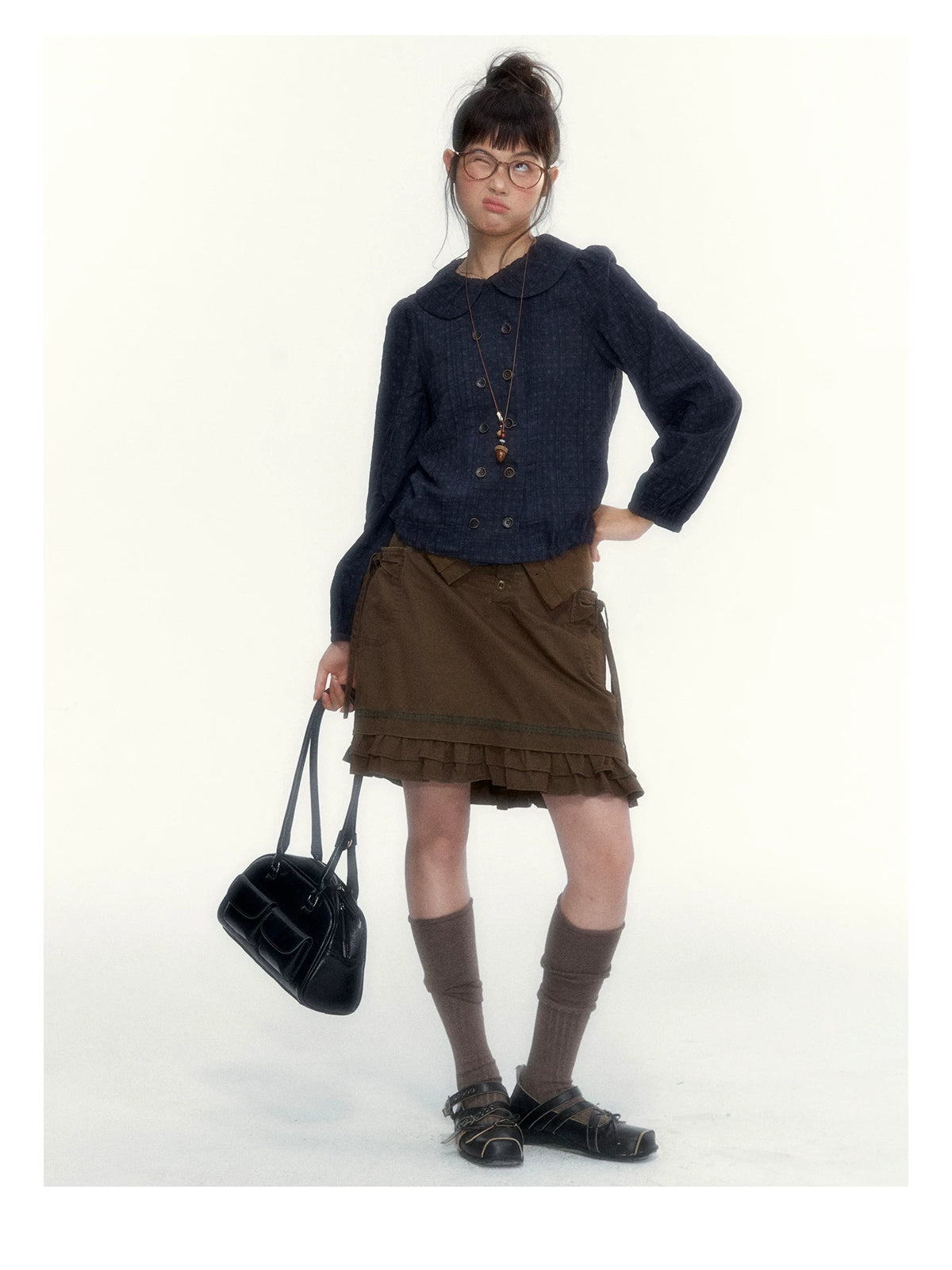 “Academy Melody” Navy Plaid & Dusty Purple Peter Pan Collar Cotton Shirt (Navy Plaid / Dusty Purple)