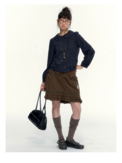 “Academy Melody” Navy Plaid & Dusty Purple Peter Pan Collar Cotton Shirt (Navy Plaid / Dusty Purple)