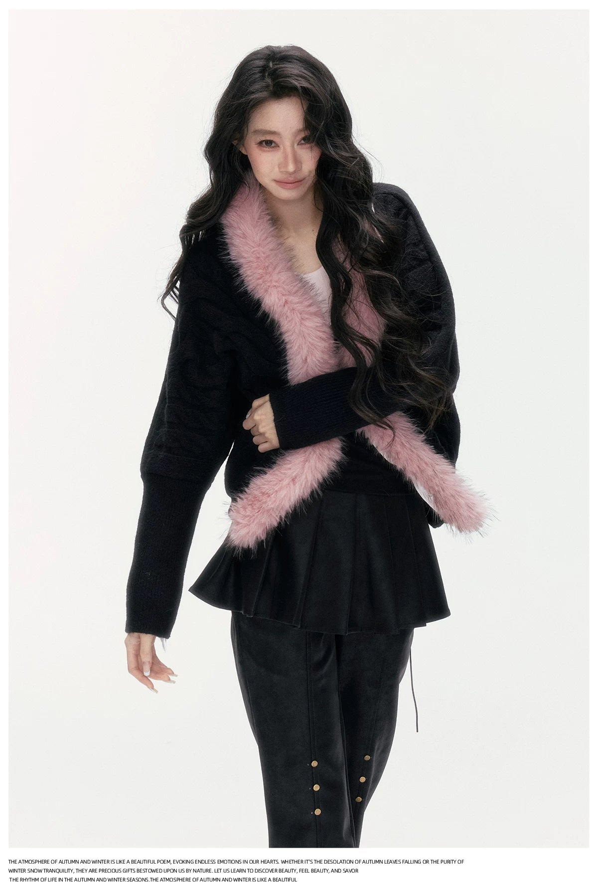 24olvides - Black Pink Cable Knit Cardigan with Detachable Faux Fur Collar