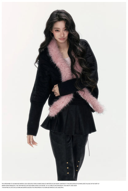 24olvides - Black Pink Cable Knit Cardigan with Detachable Faux Fur Collar