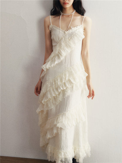 1P - Ivory Lace Ruffle Pleated Camisole Dress