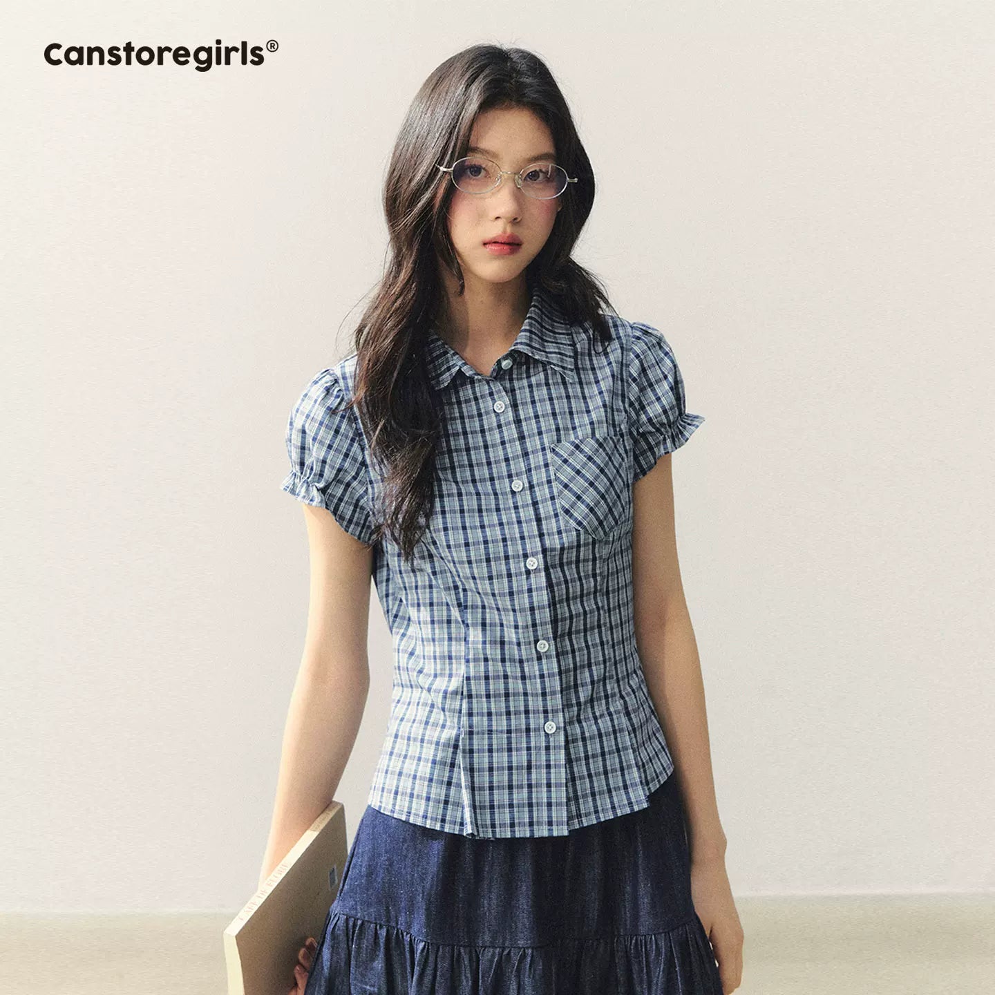 "Cheongdam Girl Mood" Fitted Plaid Puff Sleeve Blouse LL2026049