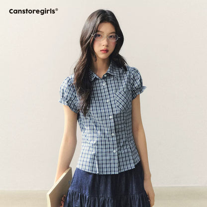 "Cheongdam Girl Mood" Fitted Plaid Puff Sleeve Blouse LL2026049