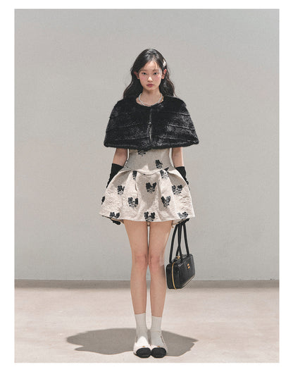 少也眼 “Whispers of Moss” Sparkle-Lined Gown with Faux-Fur Cape - Khaki/Black 6412124145