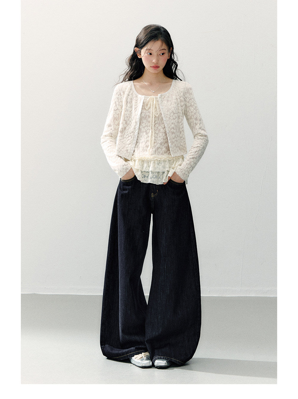 ANNATTO - Beige Apricot Faux Two-Piece Lace Long Sleeve Top & Blue Denim Pants Set