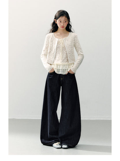 ANNATTO - Beige Apricot Faux Two-Piece Lace Long Sleeve Top & Blue Denim Pants Set