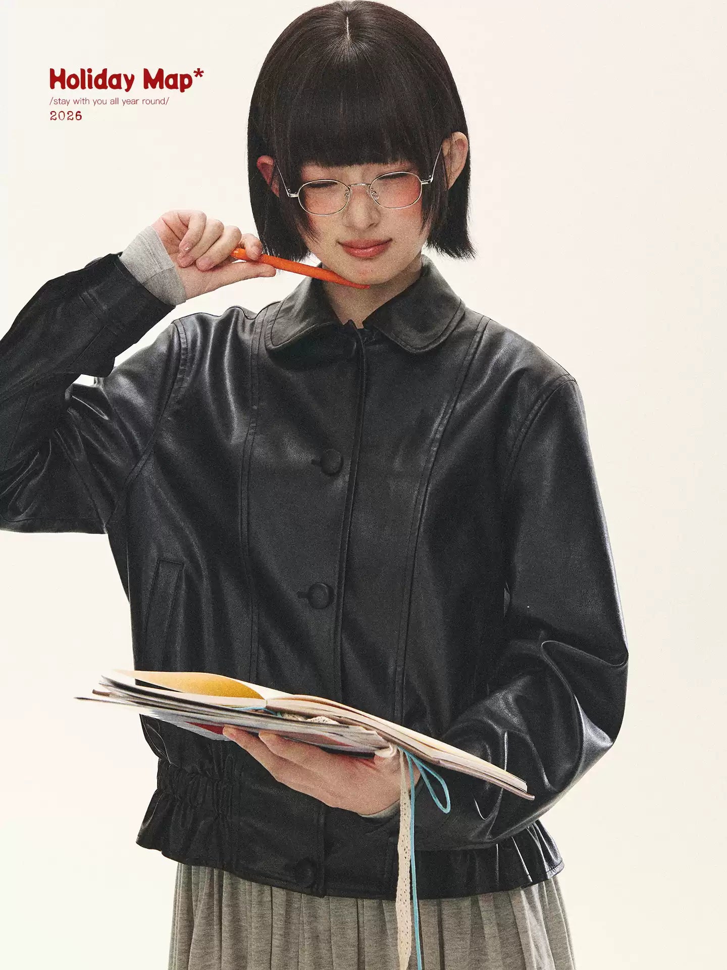 "Venus Gallery" Black Ruffle Collar Cropped Faux Leather Jacket