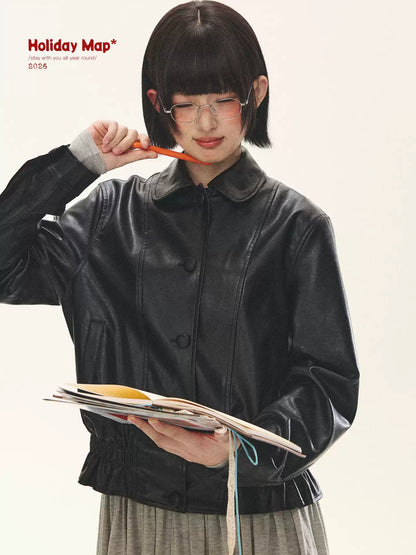 "Venus Gallery" Black Ruffle Collar Cropped Faux Leather Jacket